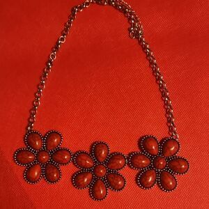 Elegant Silver Toned Floral Red Necklace...18 Inch